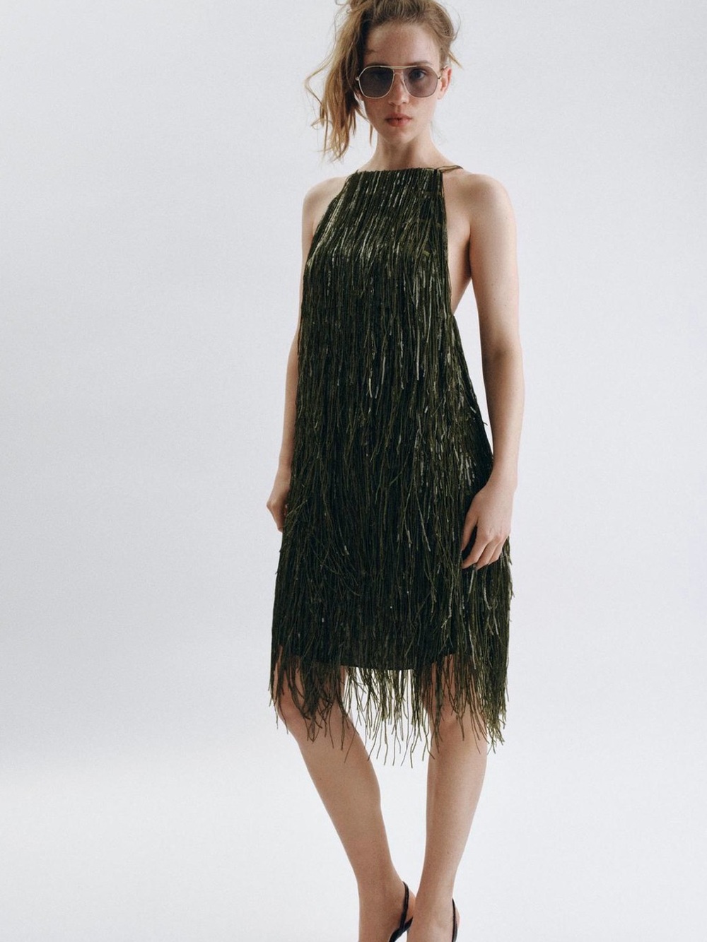 Zara Olive Fringe Halter Mini Dress - Women